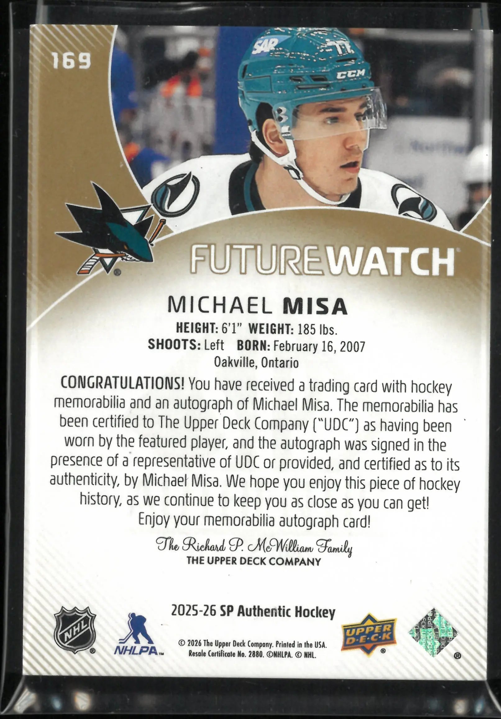 2025-26 UD SP Authentic Future Watch Rookie Patch Auto Michael Misa/100 4 Colour 