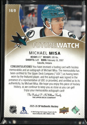 2025-26 UD SP Authentic Future Watch Rookie Patch Auto Michael Misa/100 4 Colour 