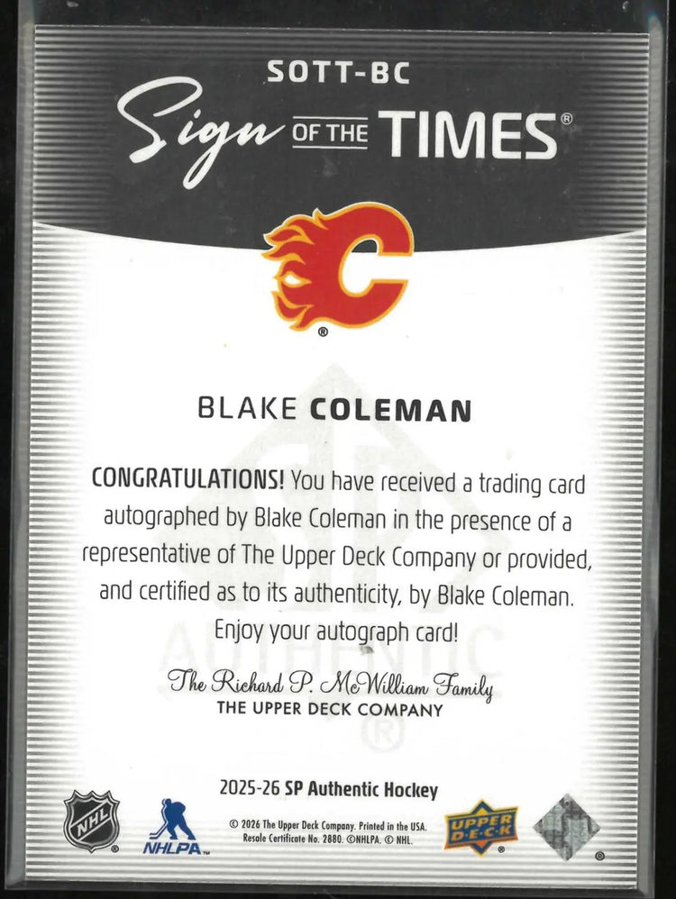 2025-26 UD SP Authentic Sign Of The Times Autograph Black Coleman  Gold /15 