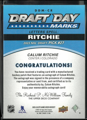 2025-26 UD SP Game Used Draft Day Mark Rookie Autograph Calum Ritchie Auto RC/35 