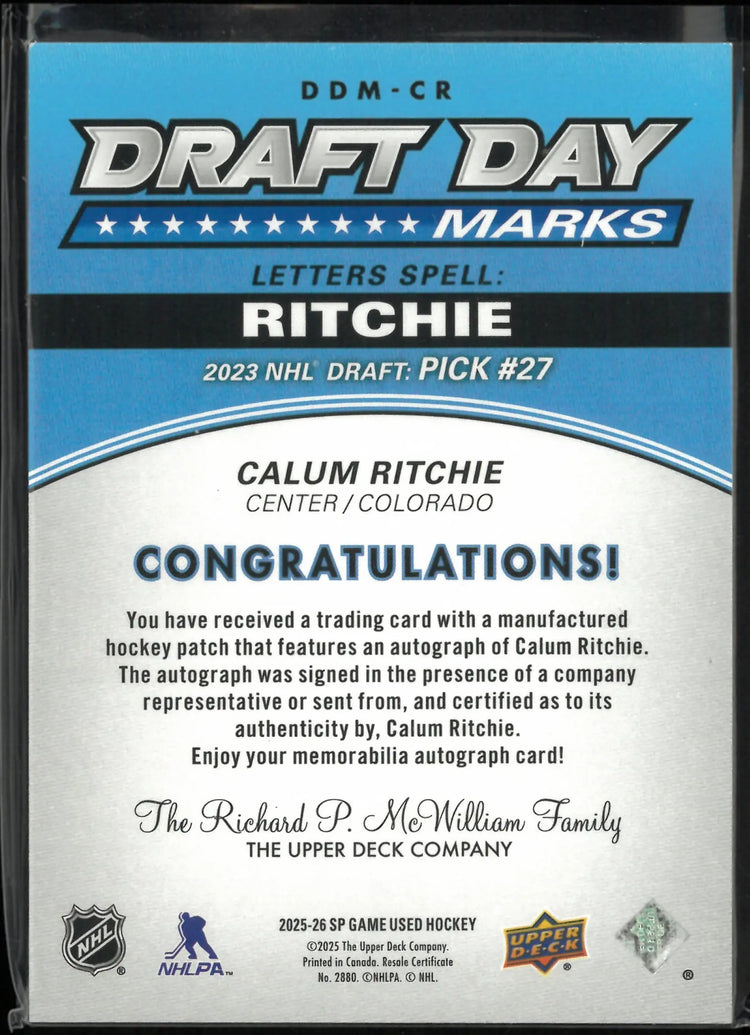 2025-26 UD SP Game Used Draft Day Mark Rookie Autograph Calum Ritchie Auto RC/35 