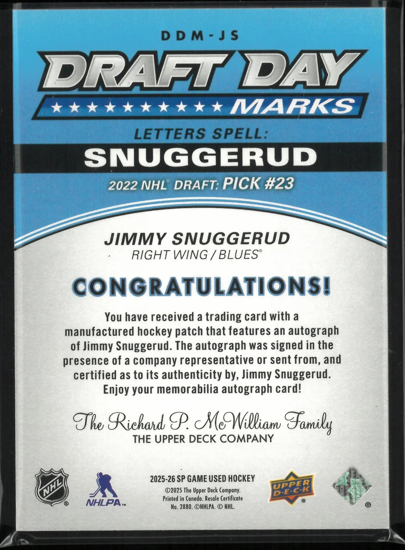 2025-26 UD SP Game Used Draft Day Marks Autograph Rookie Jimmy Snuggerud /35 RC 