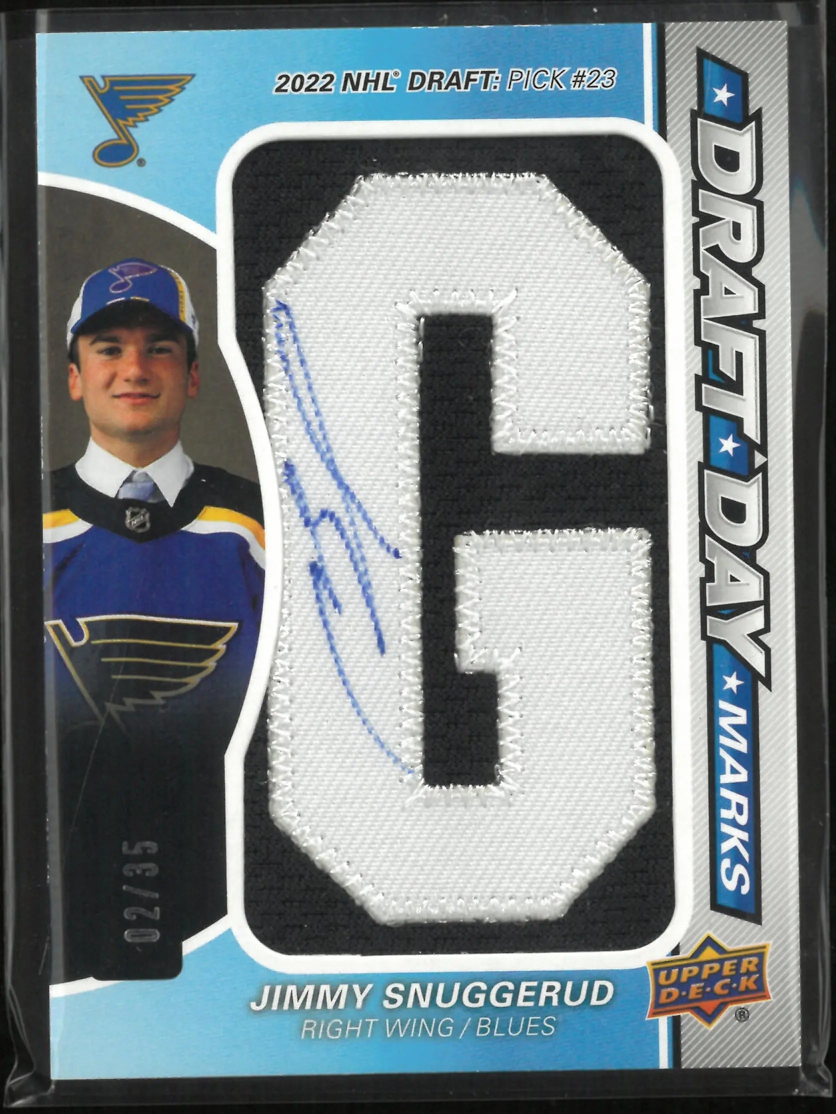 2025-26 UD SP Game Used Draft Day Marks Letters Jimmy Snuggerud Auto Patch /35 