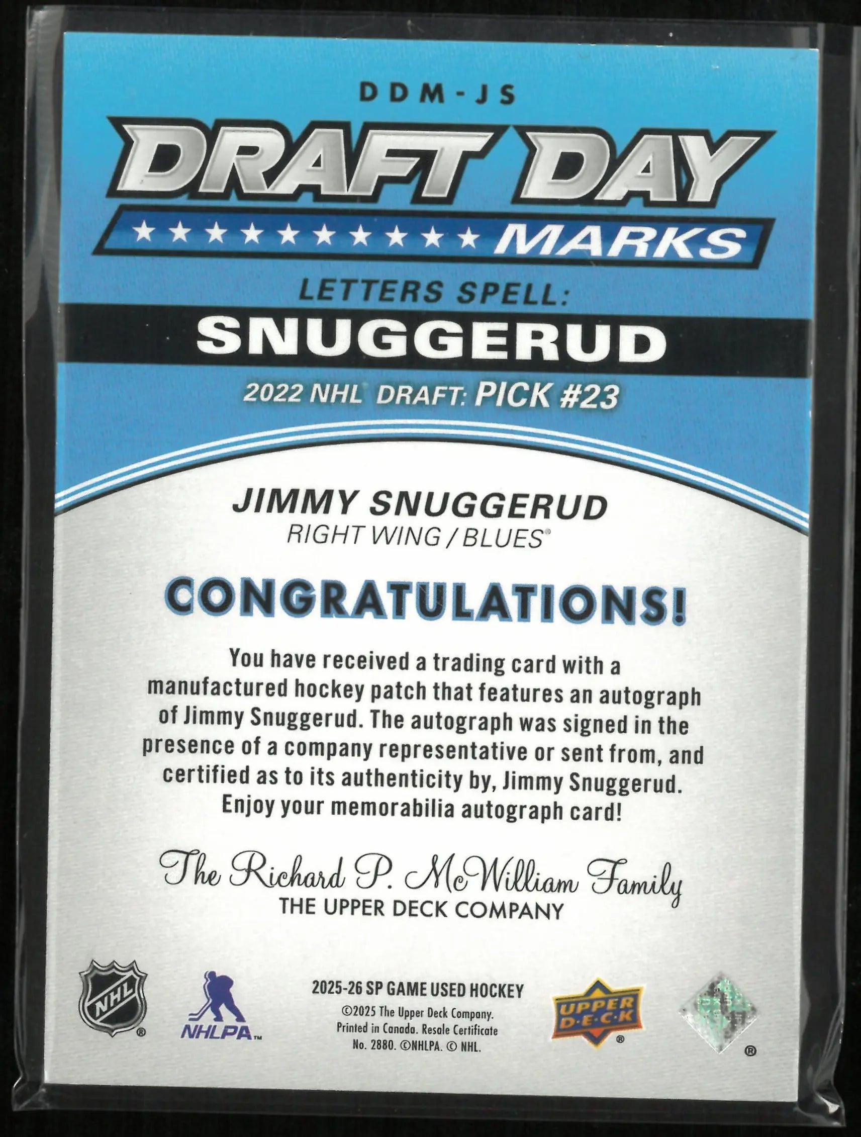 2025-26 UD SP Game Used Draft Day Marks Letters Jimmy Snuggerud Auto Patch /35 