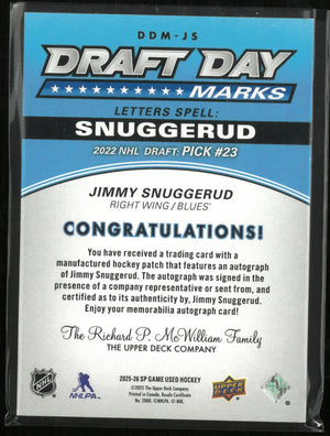 2025-26 UD SP Game Used Draft Day Marks Letters Jimmy Snuggerud Auto Patch /35 