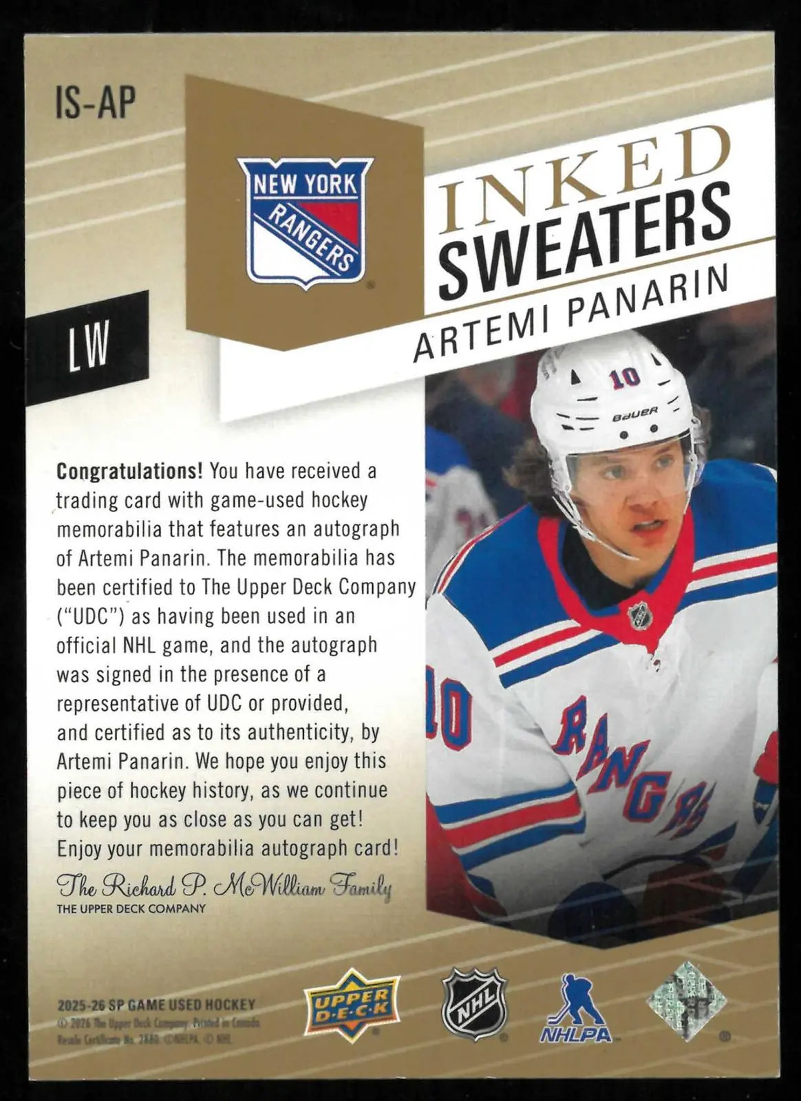 2025-26 UD SP Game Used Inked Sweaters Autograph Patch Artemi Panarin Auto /25 