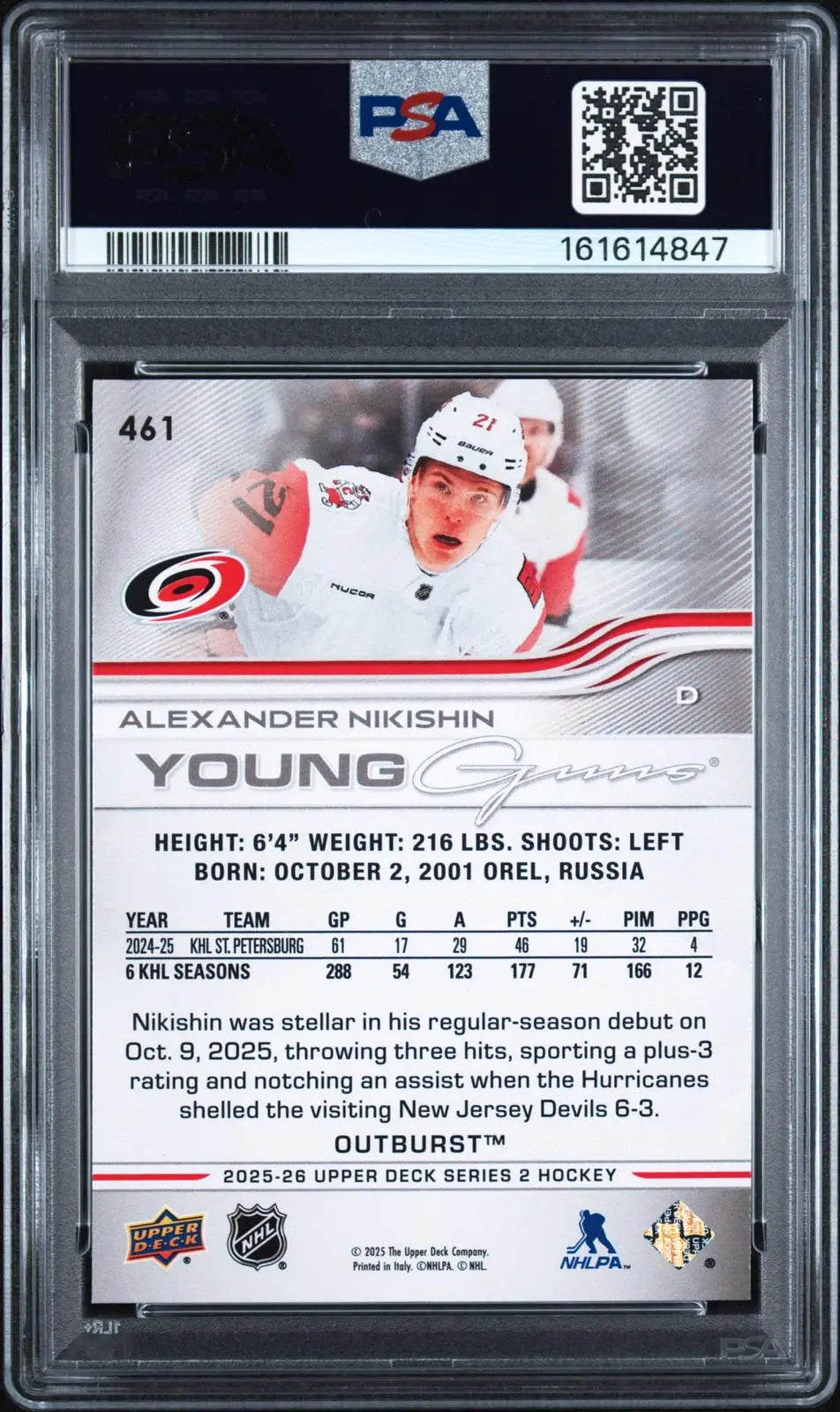 2025-26 UD Series 2 Rookie Young Guns Alexander Nikishin Outburst RC PSA 9 