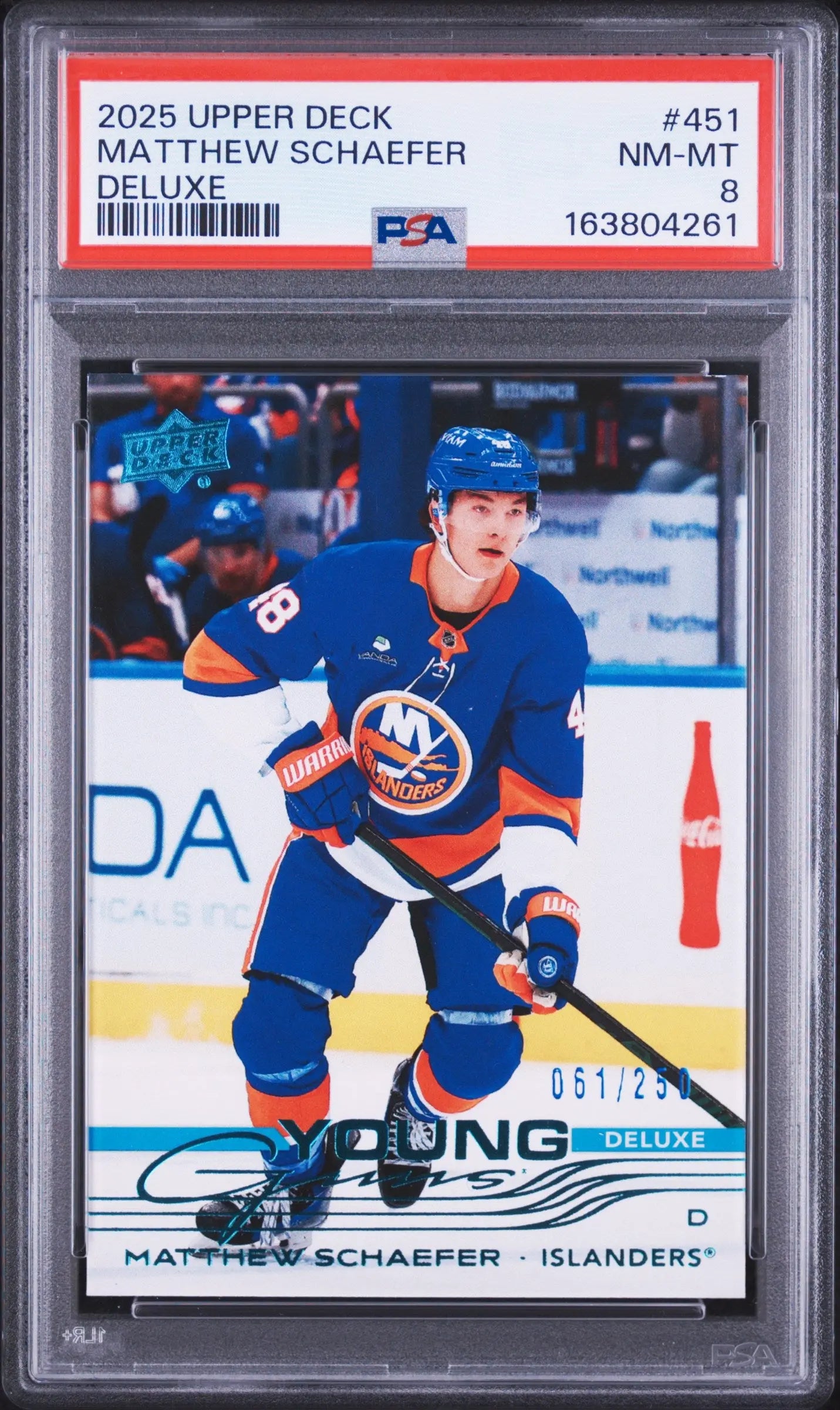 2025-26 UD Series 2 Young Guns Deluxe Rookie Matthew Schaefer RC /250 PSA 8 