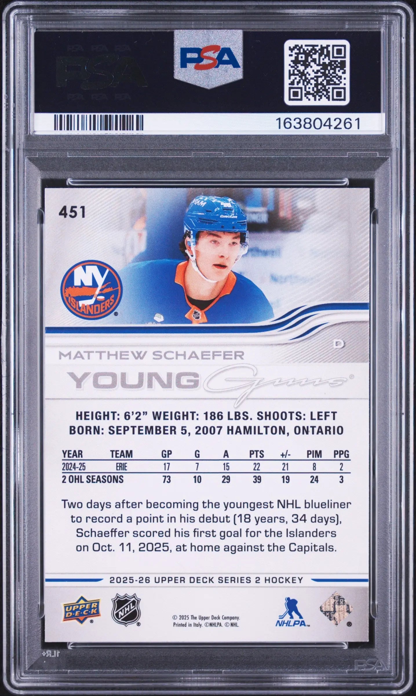 2025-26 UD Series 2 Young Guns Deluxe Rookie Matthew Schaefer RC /250 PSA 8 