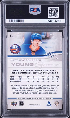 2025-26 UD Series 2 Young Guns Deluxe Rookie Matthew Schaefer RC /250 PSA 8 