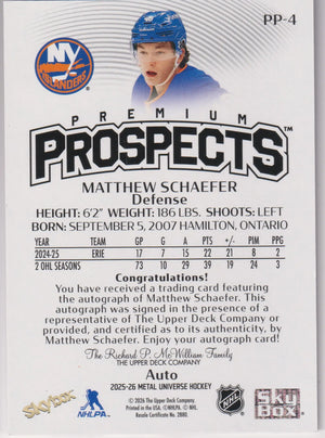 2025-26 UD SkyBox Metal Universe Autograph Rookie Matthew Schaefer RC Auto 