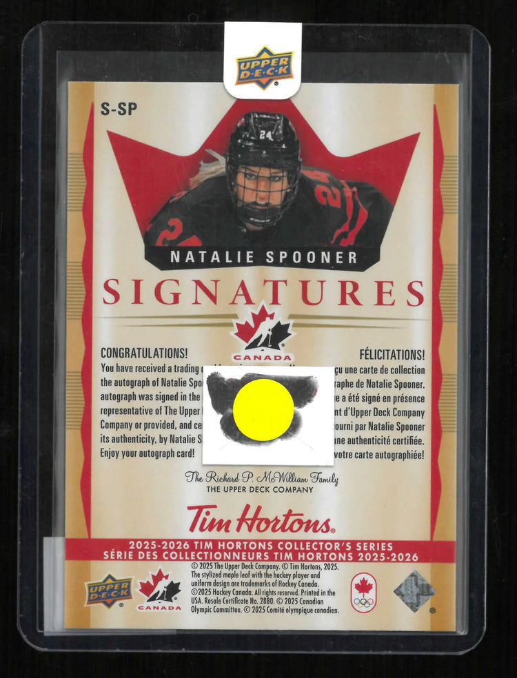 2025-26 UD Tim Hortons Collector's Series Signatures Autograph Natalie Spooner 