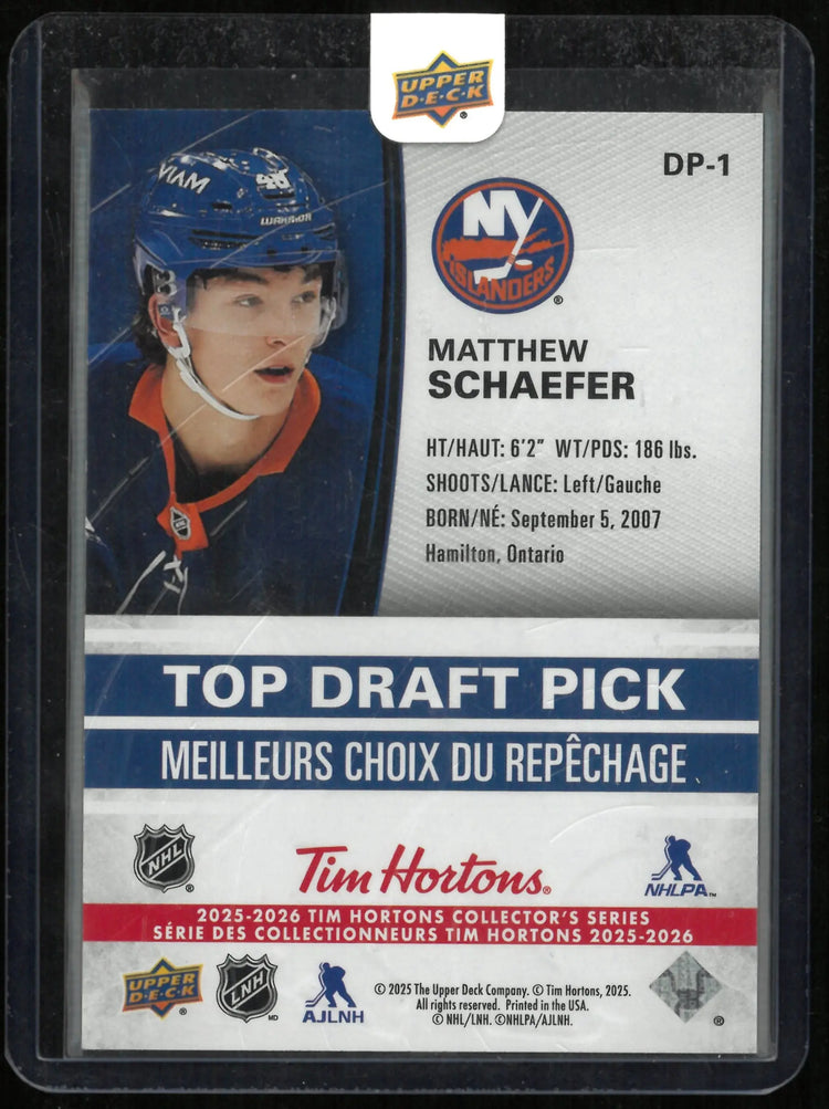 2025-26 UD Tim Hortons Matthew Schaefer Top Draft Pick RC Rookie #DP-1 
