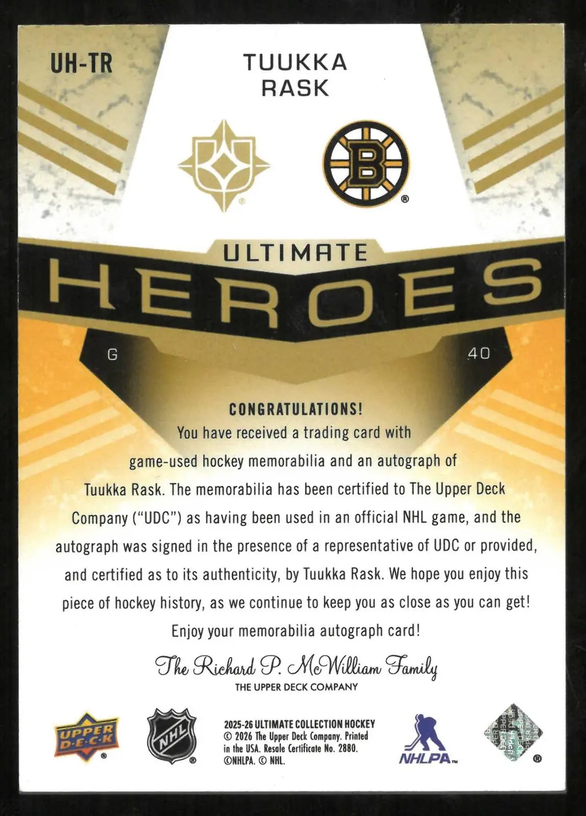 2025-26 UD UC Ultimate Heroes Autograph Patch Logo Tuukka Rask Auto /35 