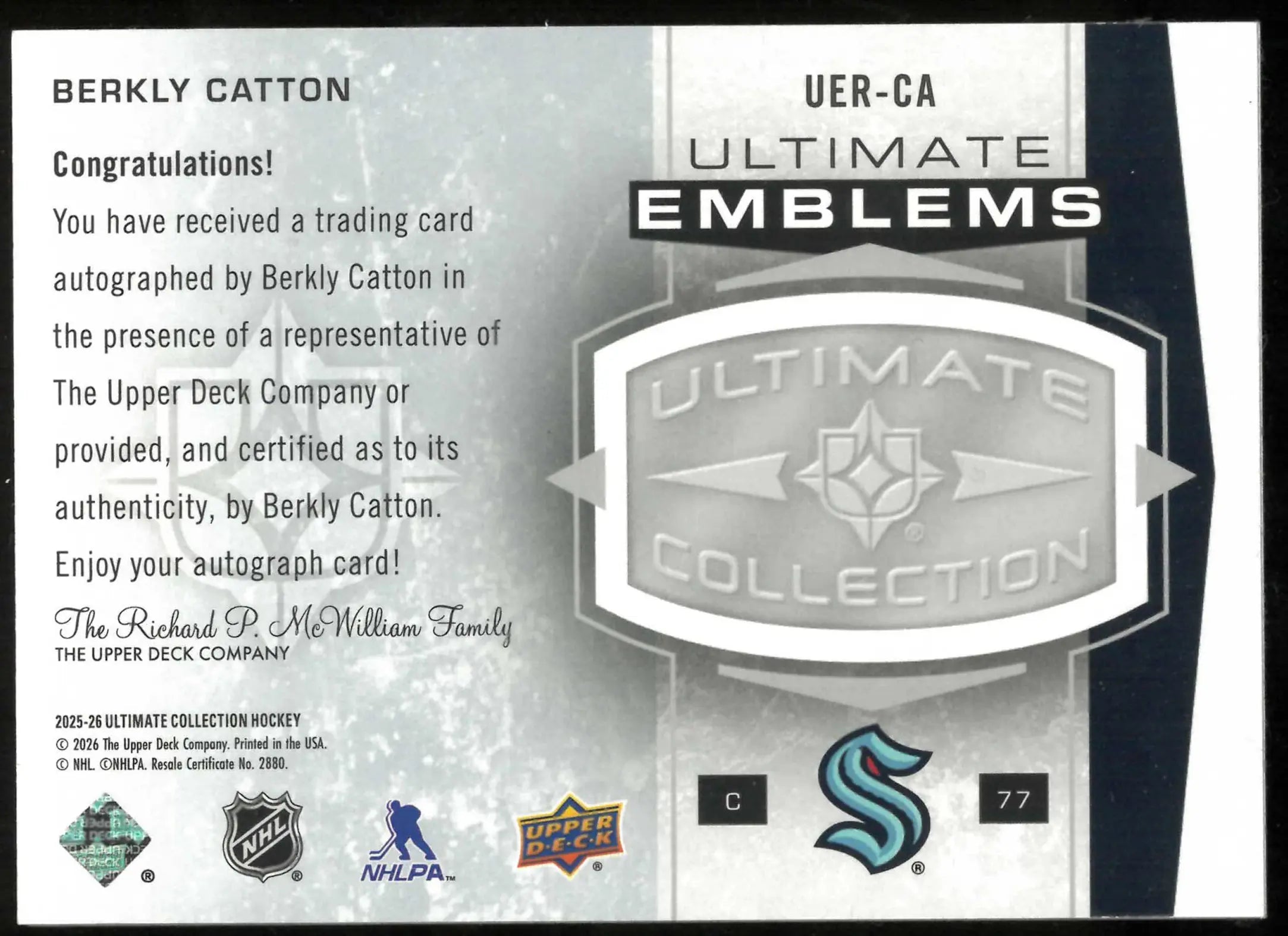 2025-26 UD Ultimate Collection Berkly Catton Ultimate Emblems Rookie Auto 