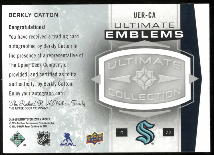 2025-26 UD Ultimate Collection Berkly Catton Ultimate Emblems Rookie Auto 