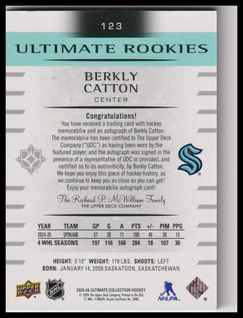 2025-26 UD Ultimate Collection Berkly Catton Ultimate Rookies Auto Patch #/99 