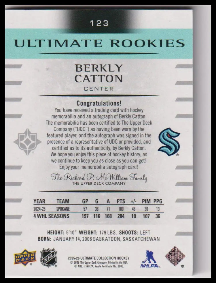 2025-26 UD Ultimate Collection Berkly Catton Ultimate Rookies Auto Patch #/99 