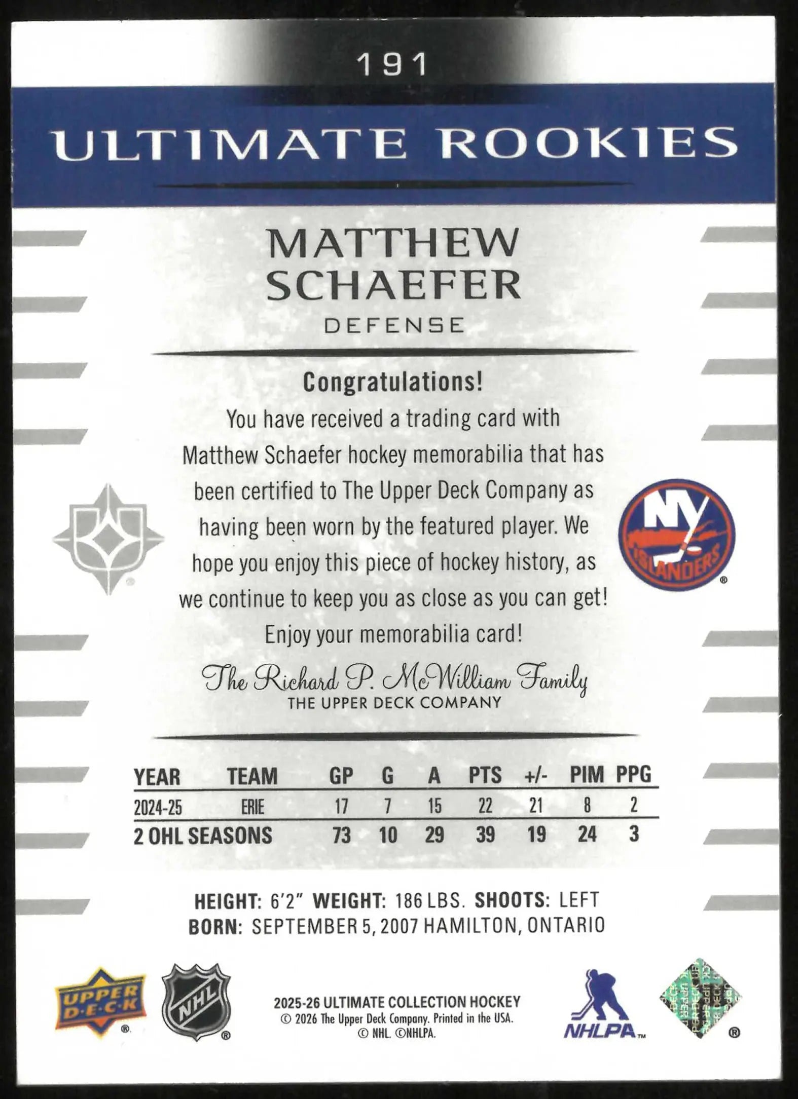 2025-26 UD Ultimate Collection Matthew Schaefer Ultimate Rookies Jersey #/499 