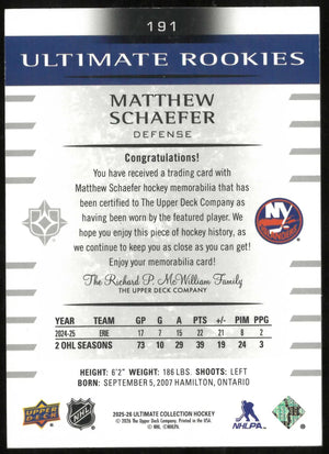 2025-26 UD Ultimate Collection Matthew Schaefer Ultimate Rookies Jersey #/499 