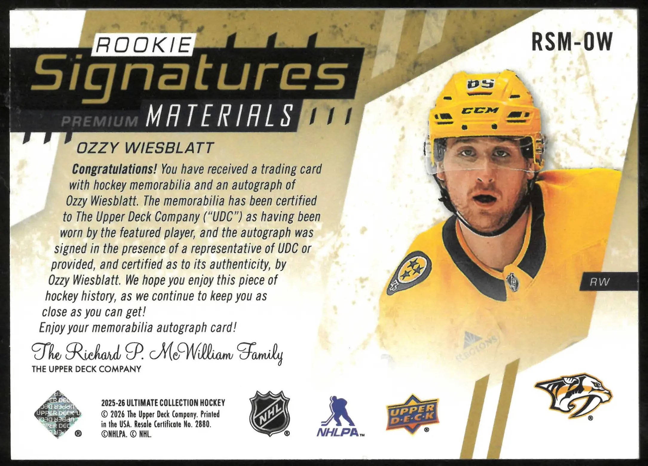 2025-26 UD Ultimate Collection Ozzy Wiesblatt Ultimate Materials Rookie Auto /35 