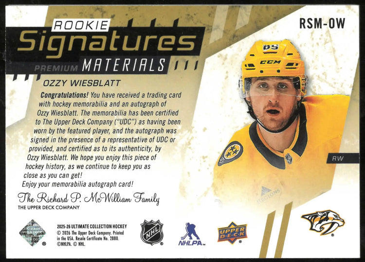 2025-26 UD Ultimate Collection Ozzy Wiesblatt Ultimate Materials Rookie Auto /35 