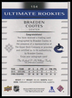 2025-26 UD Ultimate Collection #154 Braeden Cootes Ultimate Rookies Auto #/299 