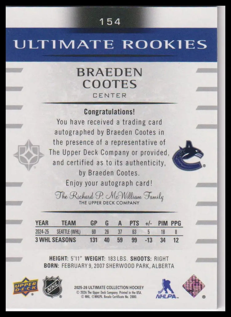2025-26 UD Ultimate Collection #154 Braeden Cootes Ultimate Rookies Auto #/299 