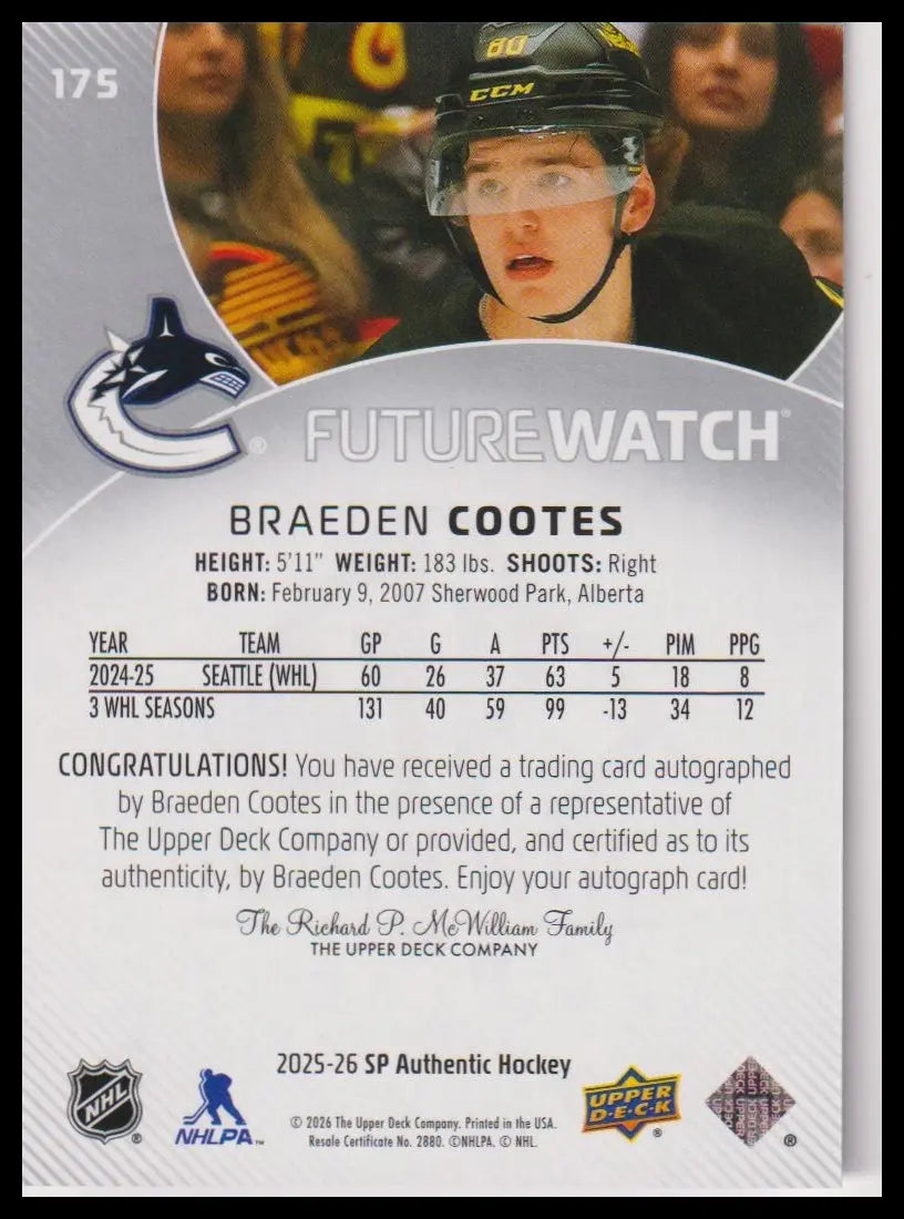 2025-26 US SP Authentic #175 Braeden Cootes Rookie Future Watch Auto #/999 