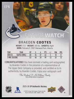 2025-26 US SP Authentic #175 Braeden Cootes Rookie Future Watch Auto #/999 
