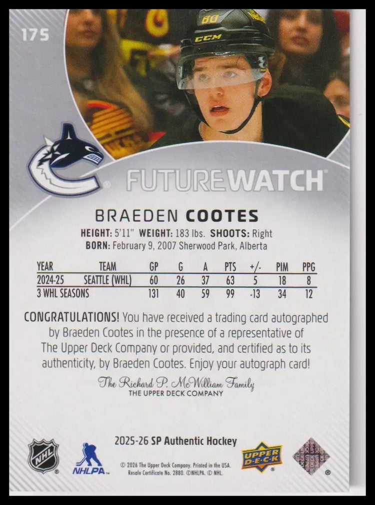 2025-26 US SP Authentic #175 Braeden Cootes Rookie Future Watch Auto #/999 