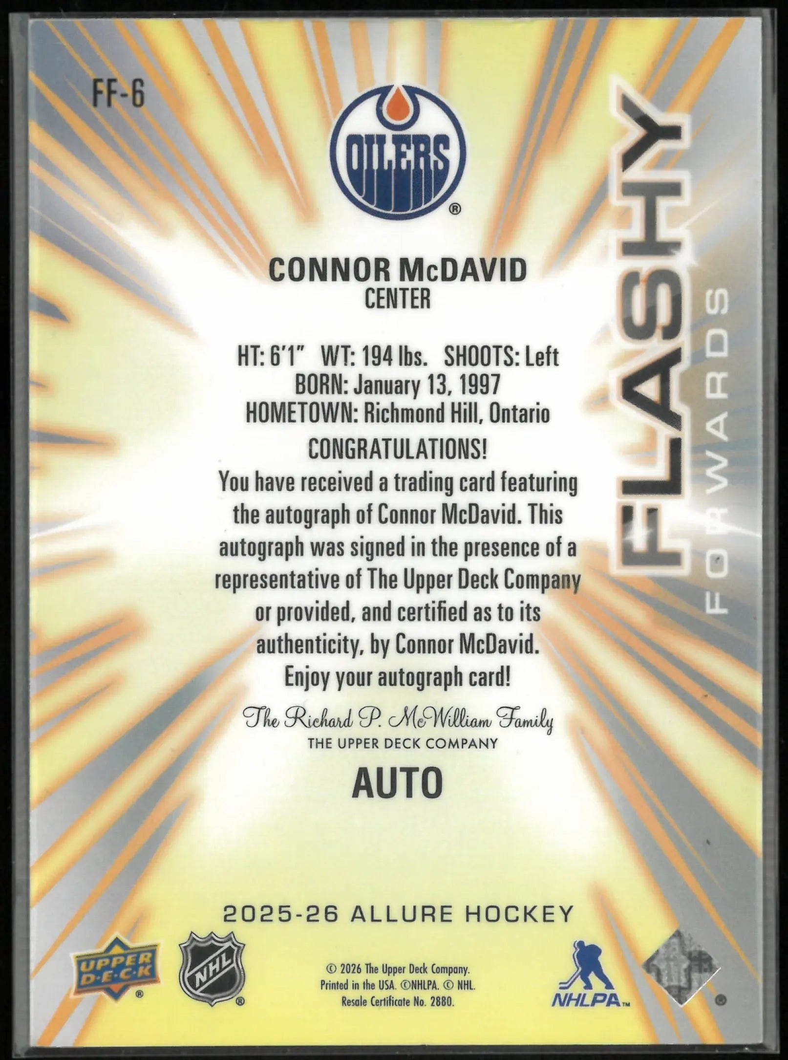 2025-26 Upper Deck Allure Hockey Connor McDavid Flash Forward Auto Autograph 