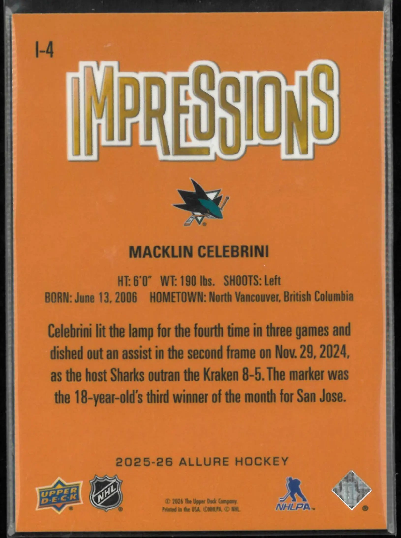 2025-26 Upper Deck Allure Impressions Macklin Celebrini 
