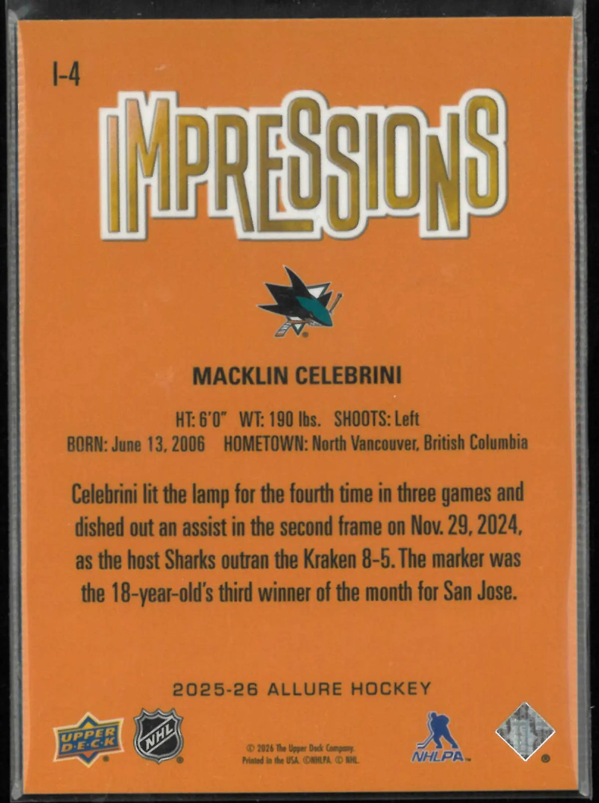 2025-26 Upper Deck Allure Impressions Macklin Celebrini 