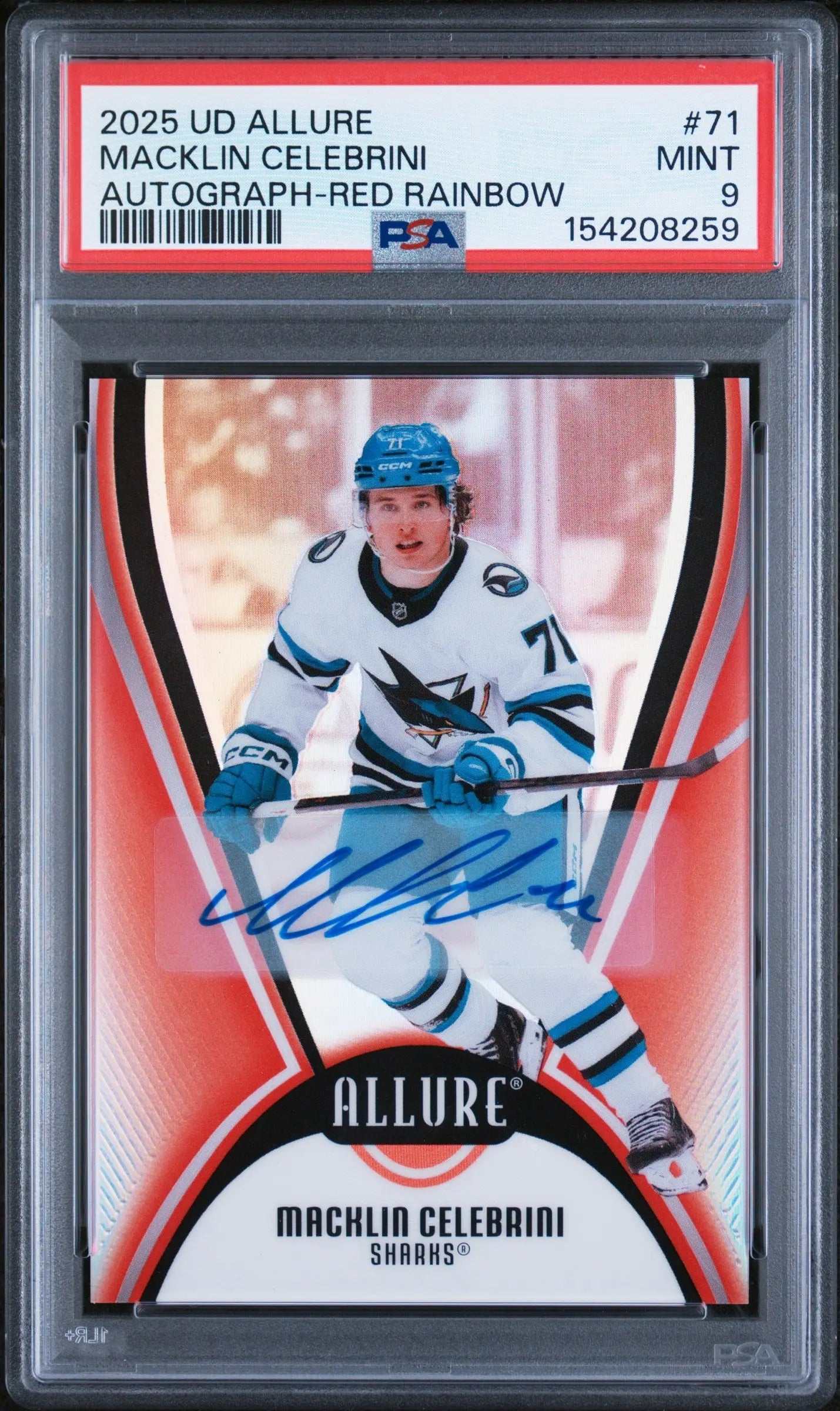 2025-26 Upper Deck Allure Macklin Celebrini Autograph Red Rainbow Auto PSA 9 