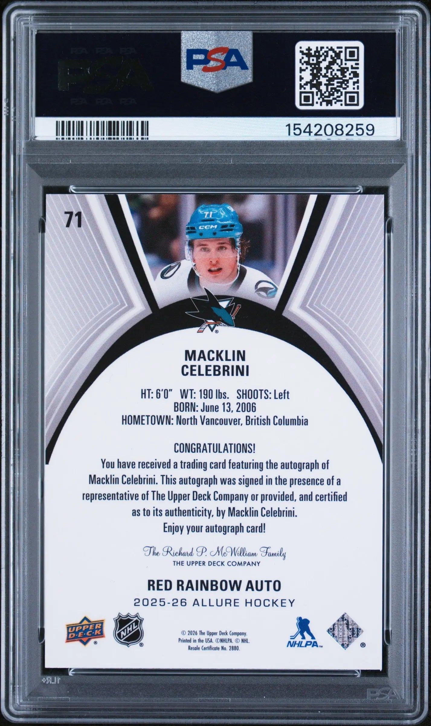 2025-26 Upper Deck Allure Macklin Celebrini Autograph Red Rainbow Auto PSA 9 