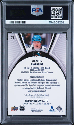 2025-26 Upper Deck Allure Macklin Celebrini Autograph Red Rainbow Auto PSA 9 