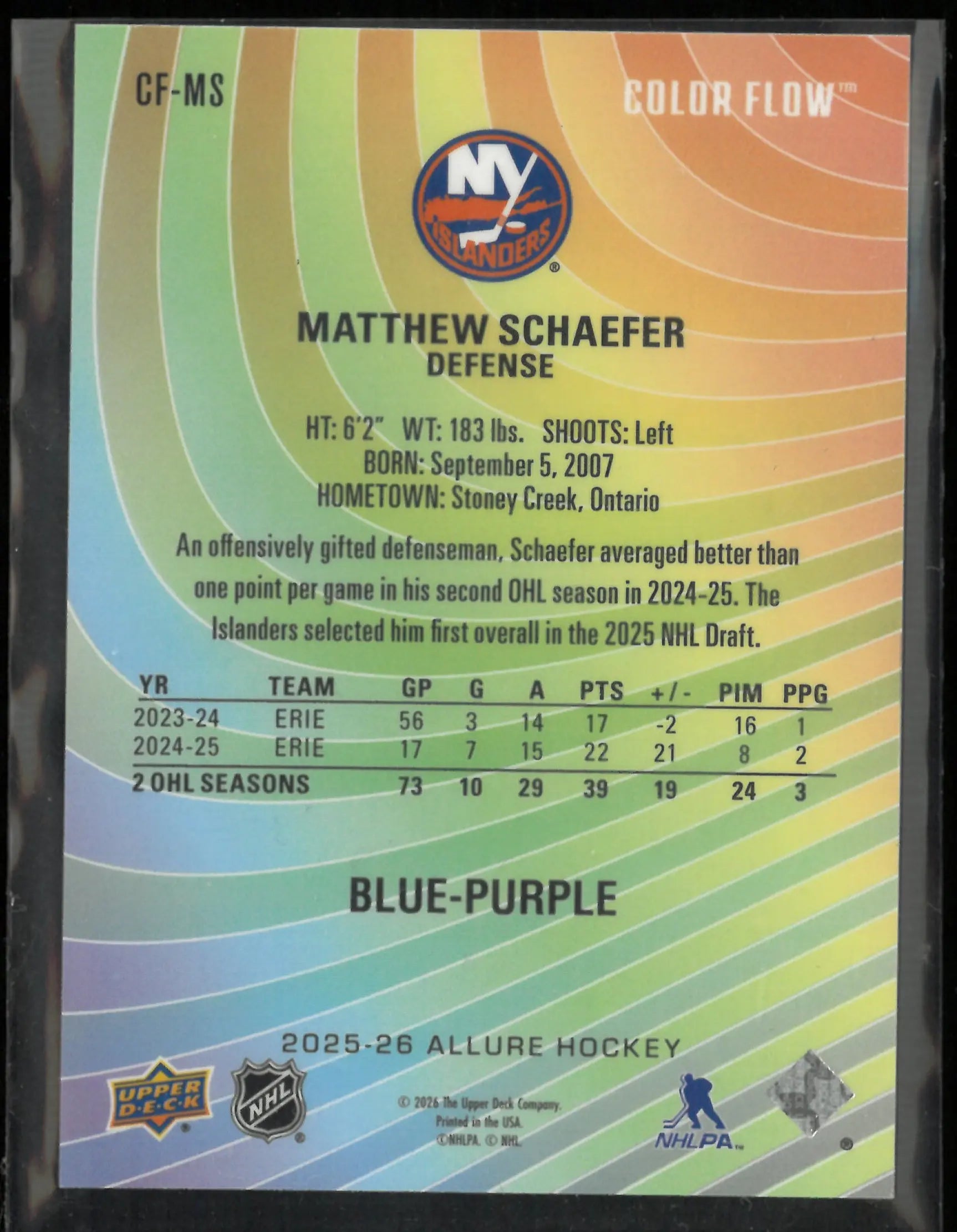 2025-26 Upper Deck Allure Matthew Schaefer Color Flow Blue-Purple RC Rookie 