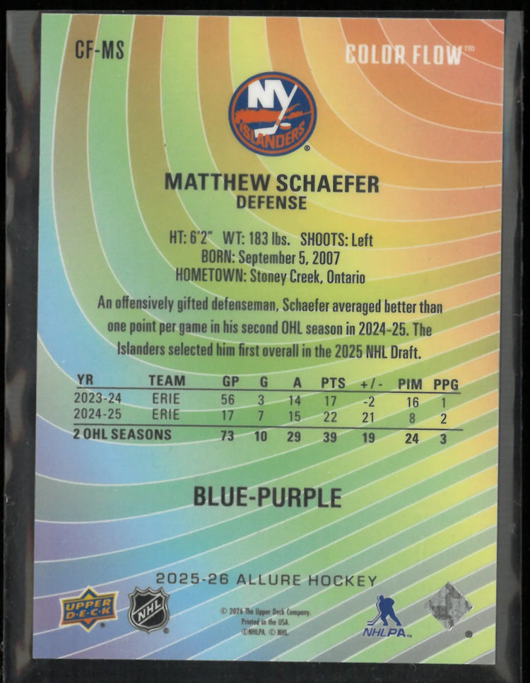 2025-26 Upper Deck Allure Matthew Schaefer Color Flow Blue-Purple RC Rookie 