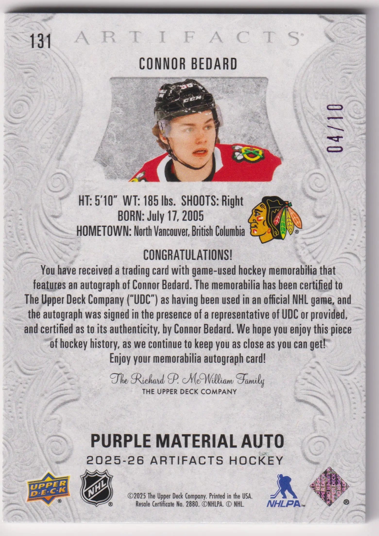 2025-26 Upper Deck Artifacts Autograph Patch Connor Bedard Auto Purple /10 