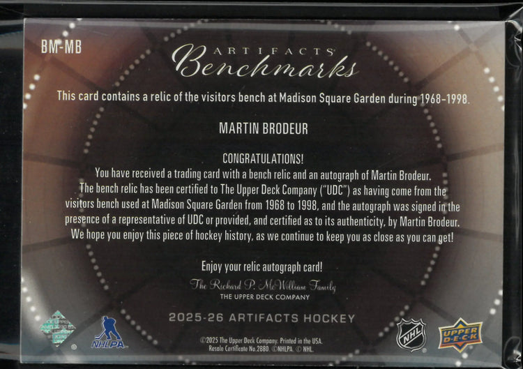 2025-26 Upper Deck Artifacts Benchmarks Autograph Martin Brodeur Auto /10 