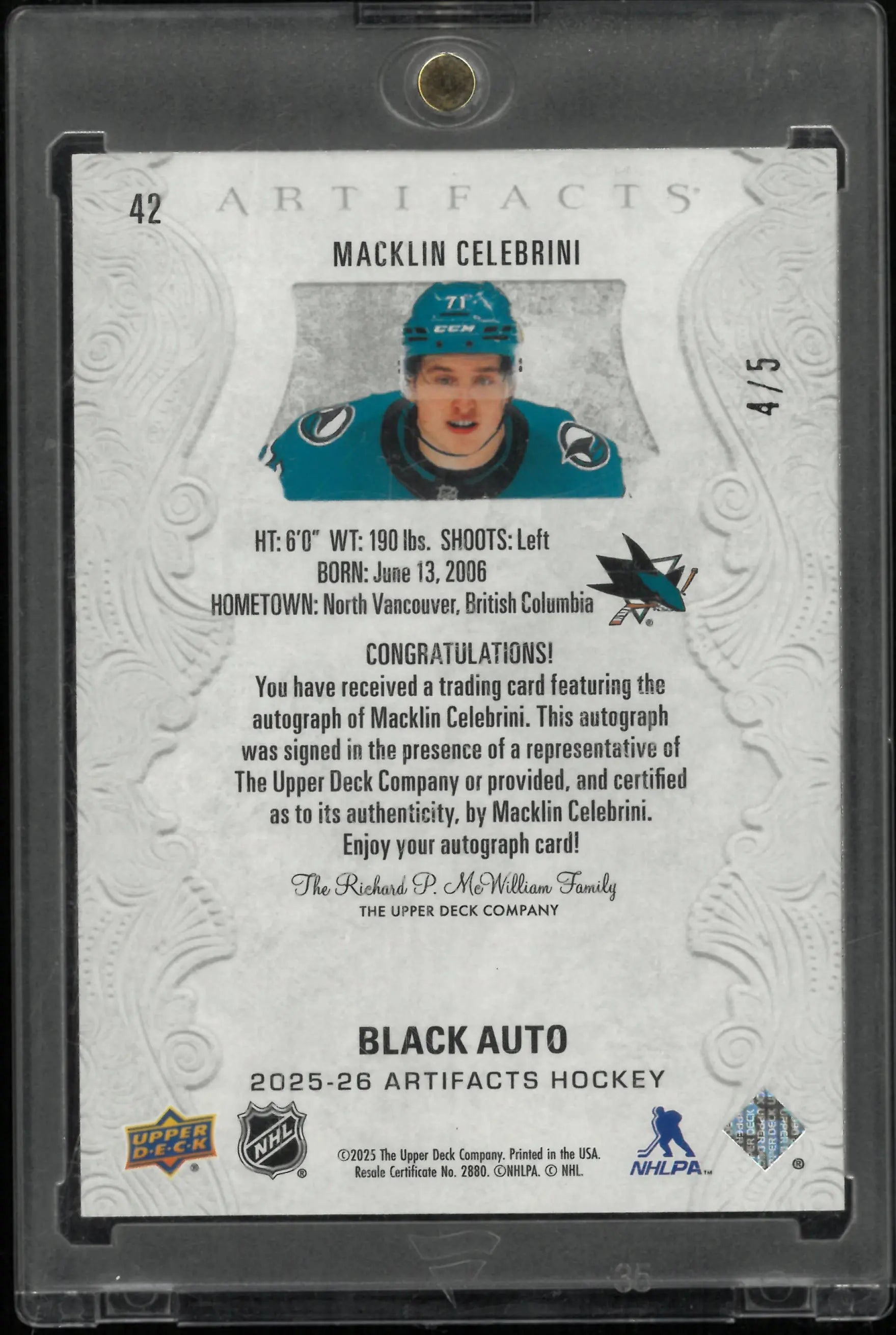 2025-26 Upper Deck Artifacts Black Auto Macklin Celebrini Autograph Auto /5 