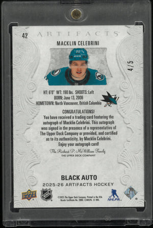 2025-26 Upper Deck Artifacts Black Auto Macklin Celebrini Autograph Auto /5 