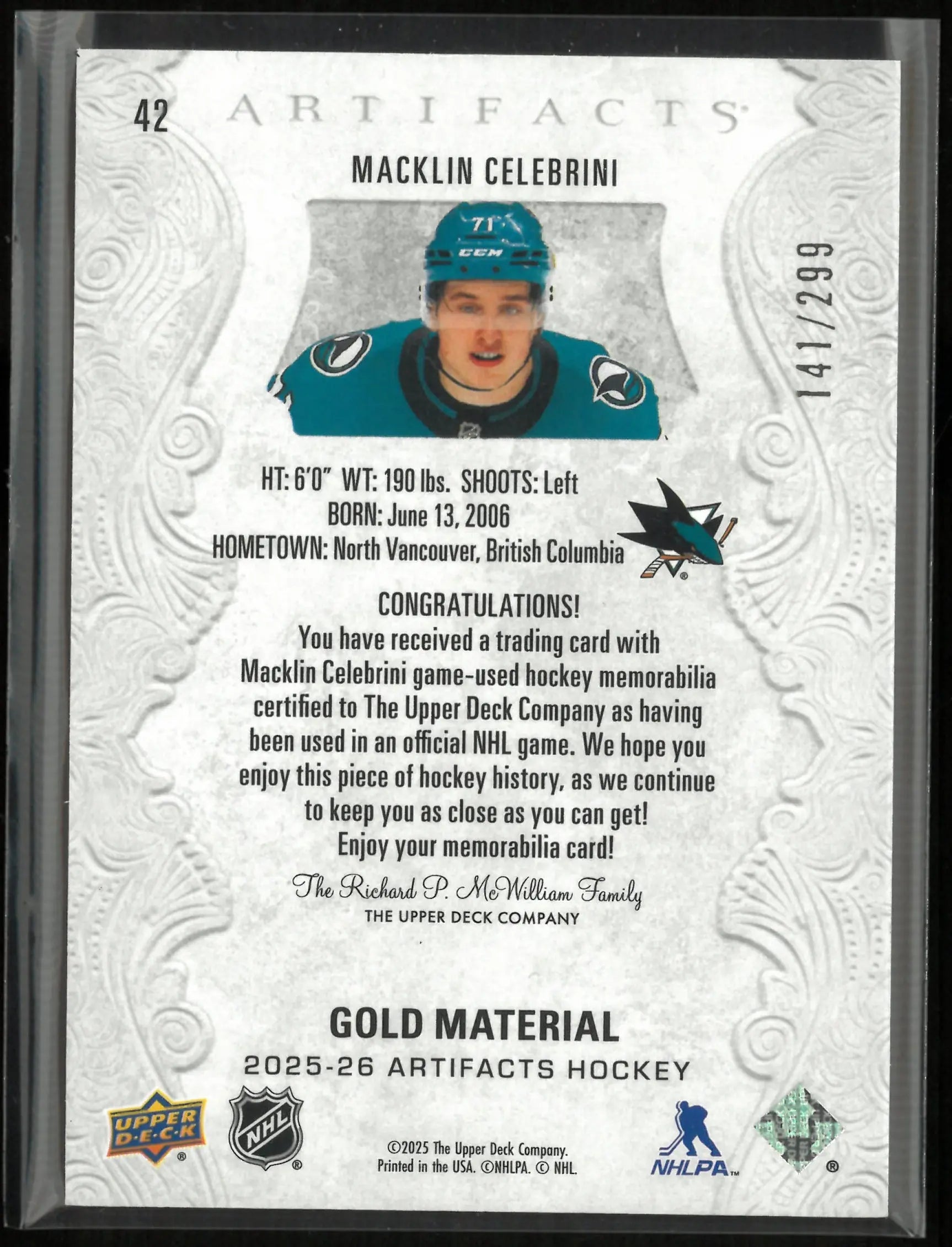2025-26 Upper Deck Artifacts Gold Material Macklin Celebrini Patch /299 