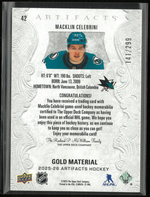 2025-26 Upper Deck Artifacts Gold Material Macklin Celebrini Patch /299 