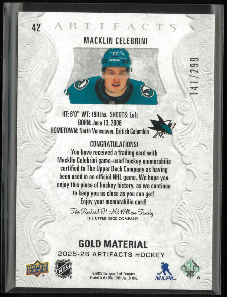 2025-26 Upper Deck Artifacts Gold Material Macklin Celebrini Patch /299 