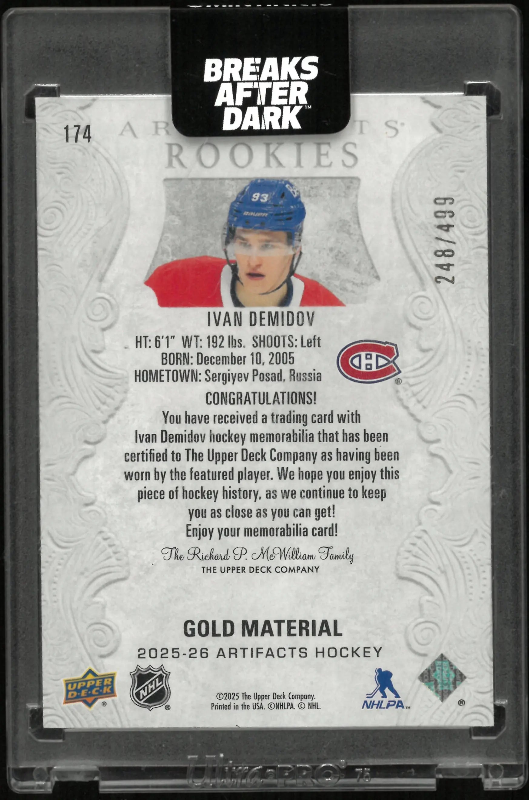 2025-26 Upper Deck Artifacts Gold Material Rookies Ivan Demidov Patch RC /499 