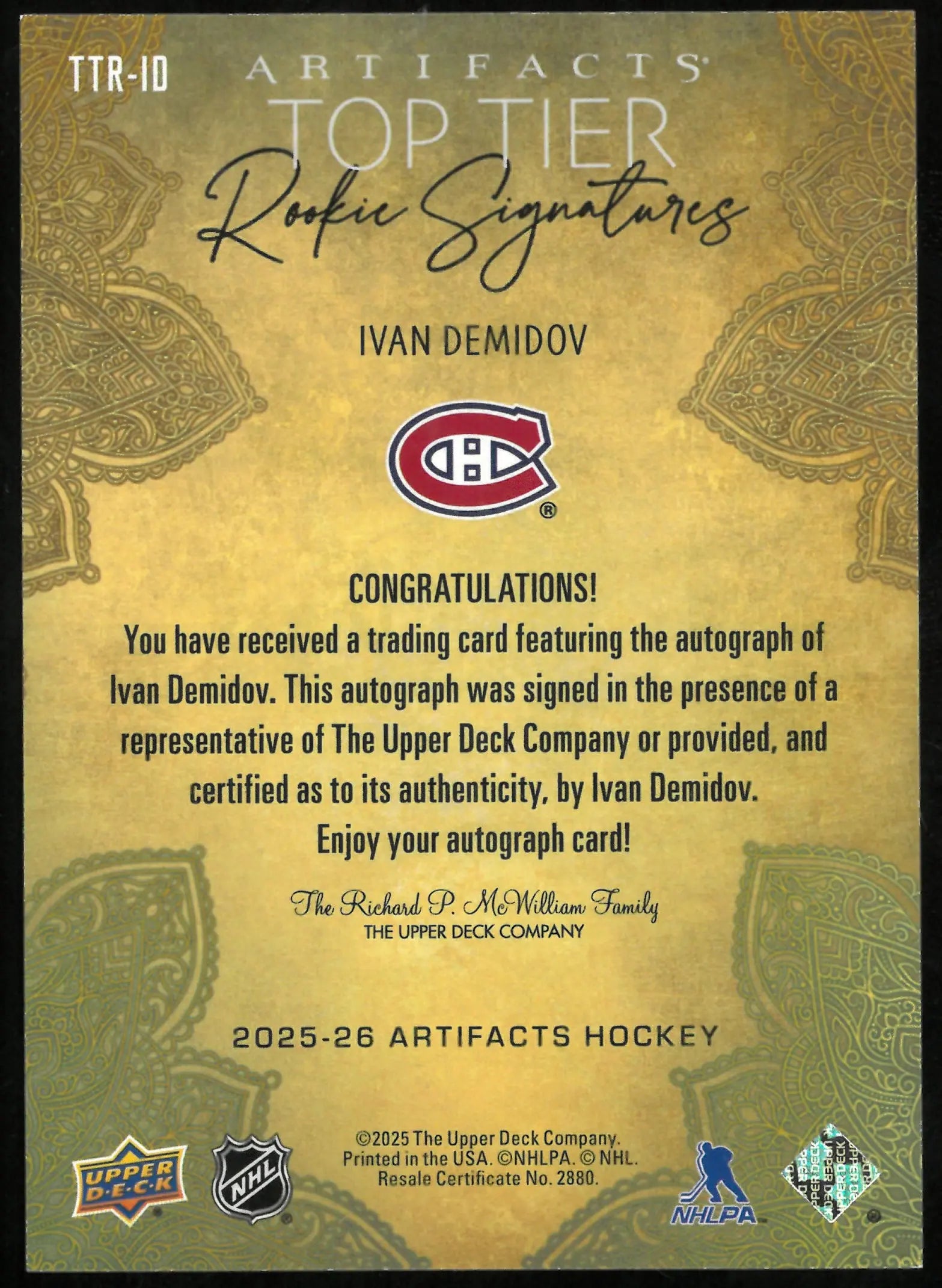 2025-26 Upper Deck Artifacts Ivan Demidov RC Rookie Top Tier Auto 