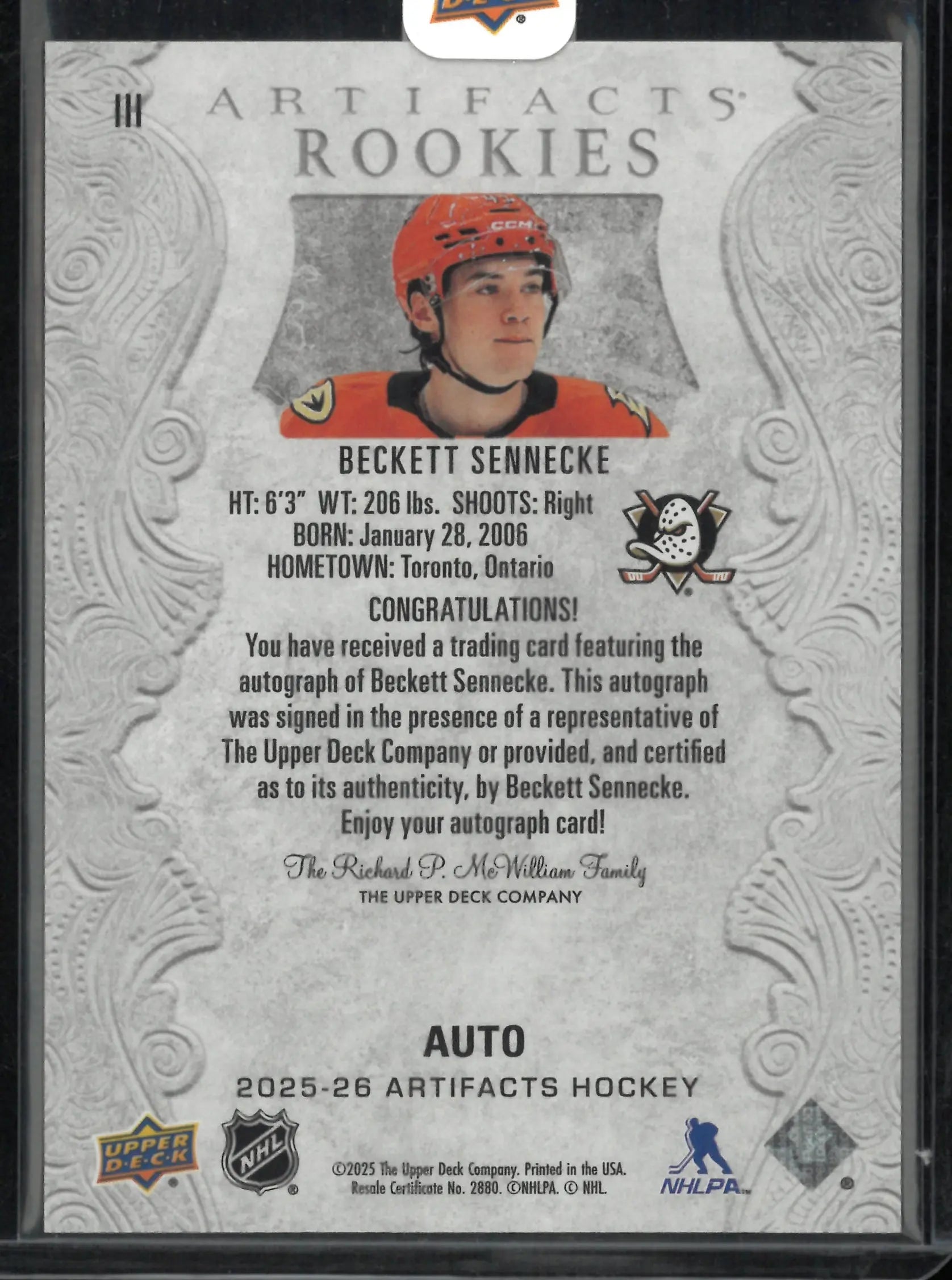 2025-26 Upper Deck Artifacts Rookie Autograph Beckett Sennecke Auto RC 