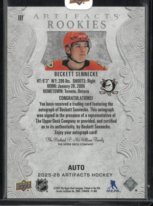 2025-26 Upper Deck Artifacts Rookie Autograph Beckett Sennecke Auto RC 